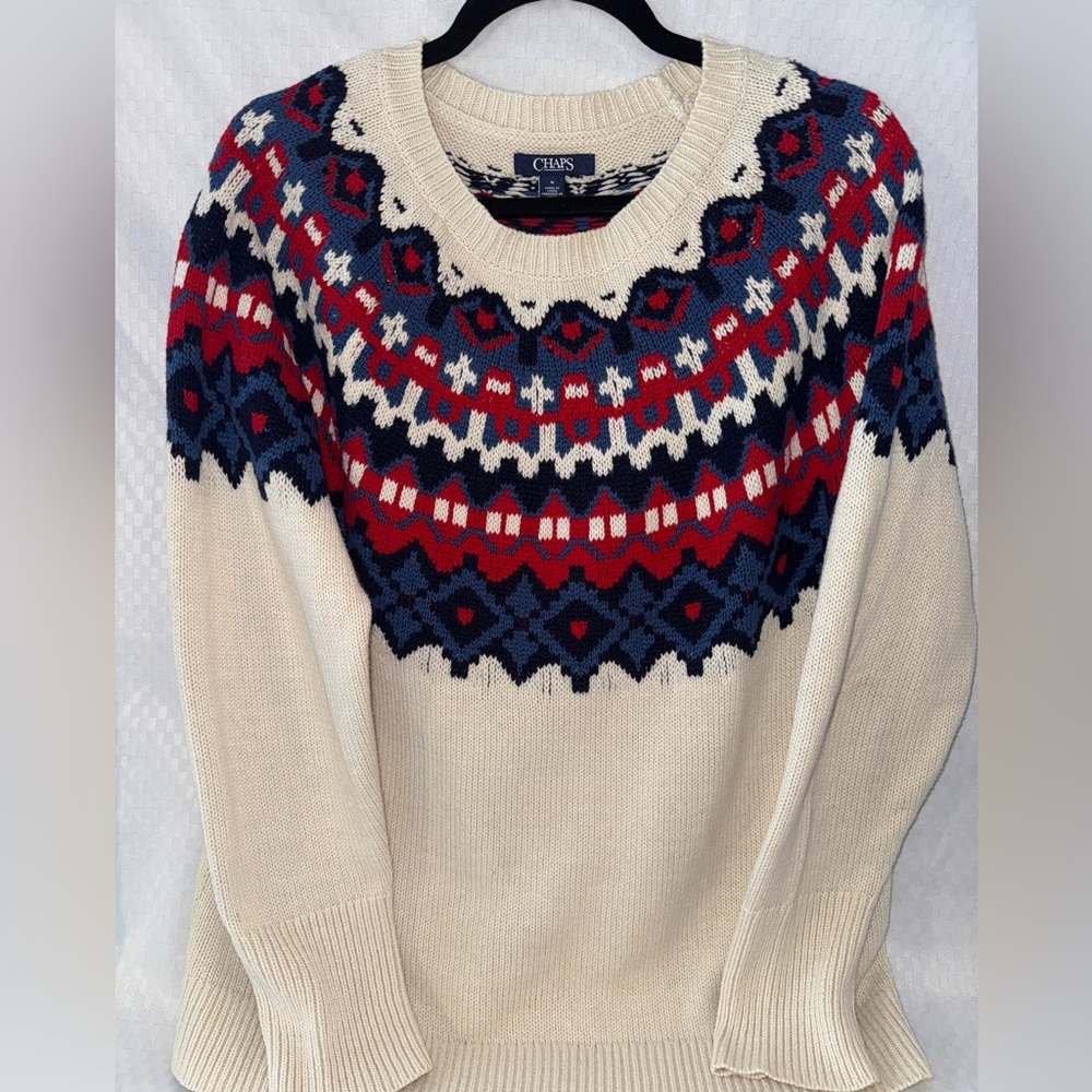 Chaps Cream Sweater with Red and Blue Accents